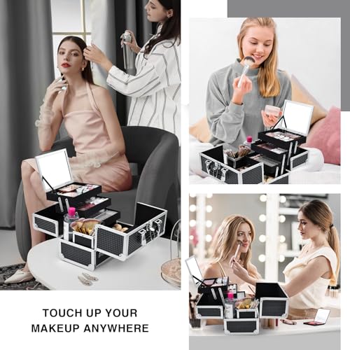 Joligrace 3-Tray Makeup Case with Mirror & Brush Holder, 11.6" Shine Black - color: Classy Black