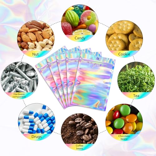 Funfery 100pcs Mylar Holographic Bags-Resealable Zipper&Clear Window - color: Holographic, size: 4 x 6 Inch