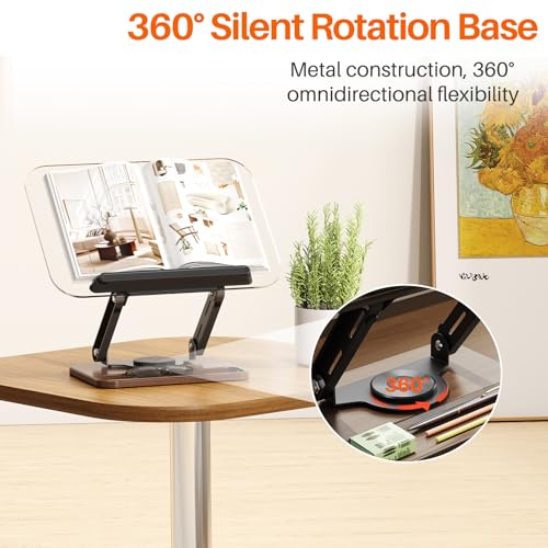 BYMECOST Acrylic Book Stand for Reading, 360°Rotating Book Holder, Black - color: Dark Walnut, size: 13.4"