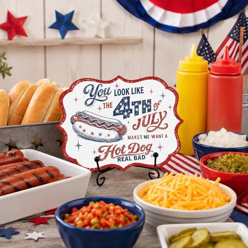 Wooden Buffet Sign with Metal Stand, Patriotic Hot Dog Station Decor for BBQ Party, Food Truck, Restaurant Counter, Independence Day 5 x 7 Inch Tabletop Display - A04 - color: DLR A04