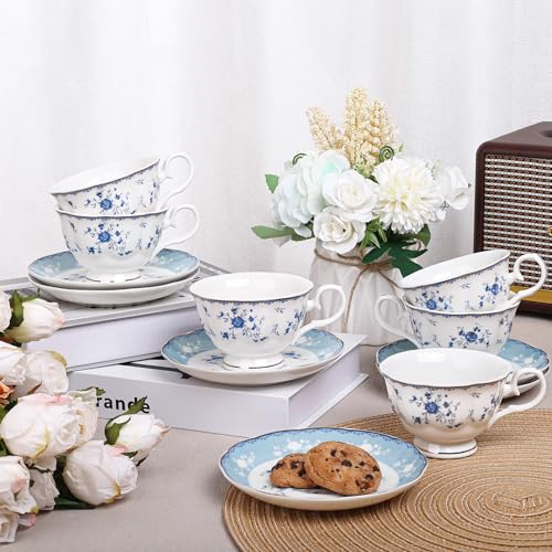 fanquare Blue Rose Porcelain Tea Cup and Saucer Set for 6 - color: Blue Rose tea cup set