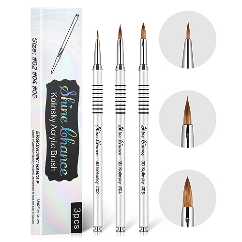 3Pcs 3D Nail Brushes Set Size 2 4 5, Kolinsky Hair Acrylic Flower Nail Art Brush, Art Design & Polish Mistake Cleaning Manicure Tools for Women Acrylic Application, Silver - color: Silver