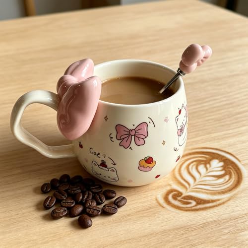 Cute WhiteCat Ceramic Coffee Mug with 3D Bow & Bow Spoon - color: D, size: Large