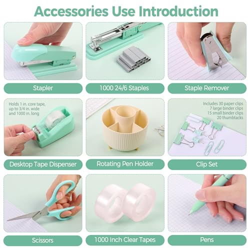 SKYDUE Teal Office Supplies Set, Office Desk Accessories 10Pcs, Pencil Holder for Desk, Stapler, Tape Dispenser, Scissors, Clips and 1000pcs Staples, School Supplies for Teacher - color: Teal
