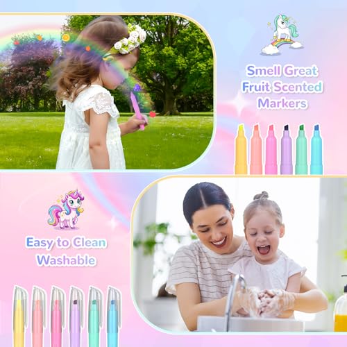 nasominako Washable Scented Markers Set for Kids - Unicorn Coloring Art Supplies Set for Kids Ages 4-8 Birthday Gifts for 4-8 Year Old girls Unicorn Pencil Case 54 PCS - color: Pink