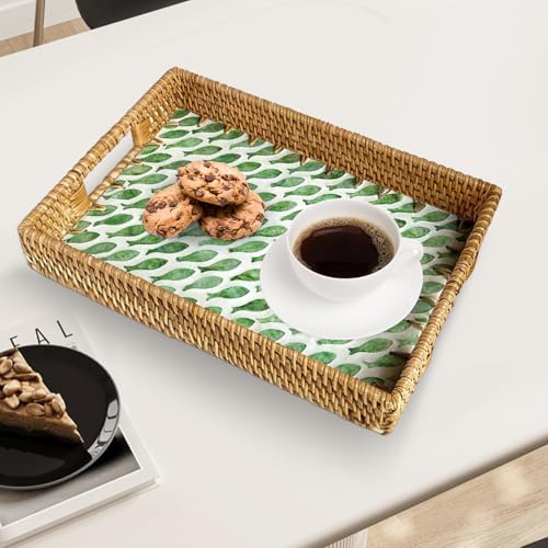 Handmade Mother of Pearl Rattan Serving Tray with Handles 13" x 9" Natural Shell Mosaic Pattern Ottoman Tray for Storage and Display of Coffee Bread Food Fruit (Green Fish) - color: Green Fish
