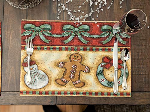 DaDa Bedding Gingerbread Snowman Sweets Placemats - Set of 4 Festive Christmas Wreath Holiday Tapestry - Cotton Linen Woven Dining Table Mats - 13” x 19” (12917) - color: Gingerbread