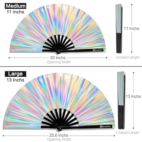 Large Rave Fan, Clack Folding Hand Fan with Premium Fabric, Thick Bamboo Frame for Men Women Gift for EDM, Festival, Club, Party, Dance, Decoration (Holographic Silver, 13") - color: Holographic Silver, size: 13"
