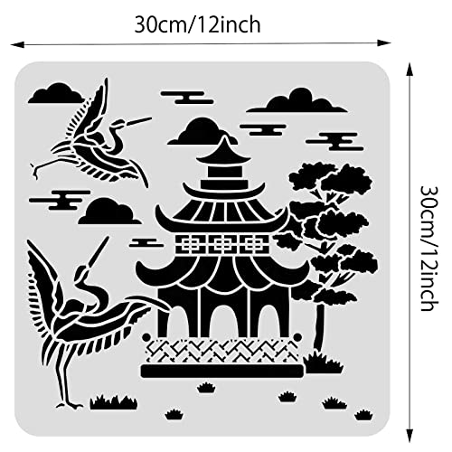 BENECREAT 12x12inch Oriental Theme Plastic Painting Templates, Pagoda Crane Pattern Drawing Stencils for Scrapbook Decoration DIY Crafts - color: Crane