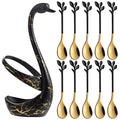 AnSaw Black Swan Base With 10-Pcs Mini Leaf Coffee Spoon Holder Set - 4.7" - color: Black & Gold Swan