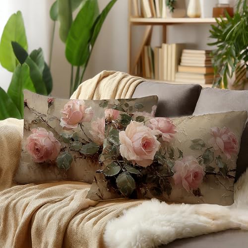 Vintage Pink Rose Floral Rectangle Pillow Throw Cover 20x12 Decor, Shabby Chic Rustic Cottagecore Decorative Throw Pillow Covers Double-Sided Set of 2 - color: A-rose-4, size: 20" x 12" (Pack of 1)