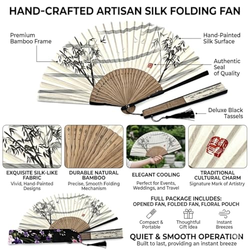 Original Hand-Painted Ink Bamboo Silk Folding Fan with Traditional Red Seal, Bamboo-Framed Hand Fan for Women and Men, Ideal for Cooling, Performance, Gifting, and Home Decor - color: Bamboo