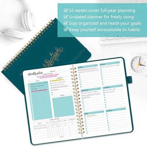 Taja Undated Weekly Planner, To Do List Notebook with Habit Tracker, A5 - color: m.Pine Emerald