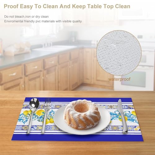 Blue Lemon Placemats Set of 4, 12x18 Inch Navy Blue Vintage Baroque Summer Fruits Floral Farmhouse Seasonal Spring Holiday Coffee Table Mats for Party Kitchen Dining Decoration - color: Lemon08, size: 4pcs