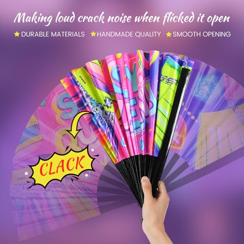 SYNTECSO Folding Hand Fan for Rave, UV Glow Clack Fan - color: Slay Queen