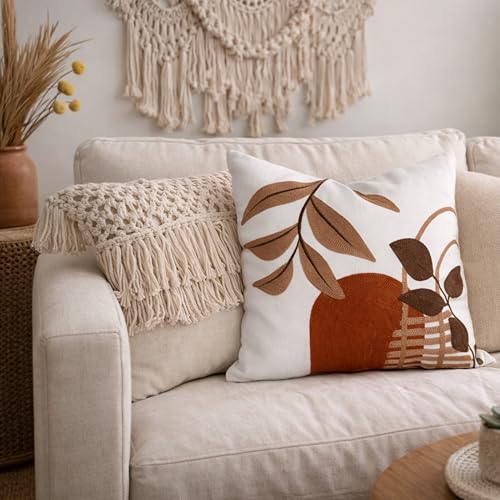 AYAY Decorative Velvet Throw Pillow Cover 18x18 Inch – Off White with Brown & Rust Embroidered Abstract Design, Warm Neutral Boho Accent Cushion, Hidden Zipper, Cover Only - color: Warm Neutral Brown and Rust