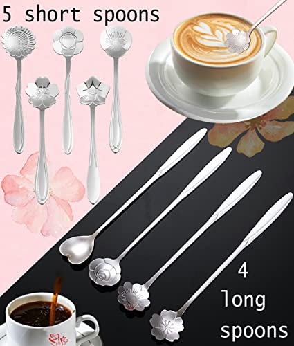 9 Pcs Flower Spoon Coffee Teaspoon, ESRISE Stainless Steel Tea Spoon (Silver) - color: Silver