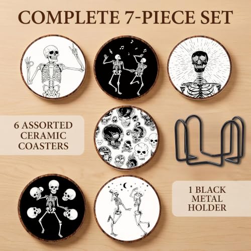 Nikyi 6 Pcs Skull Halloween Ceramic Coasters, Round Absorbent Drink Coaster with Metal Holder and Cork Base, Gothic Skeleton White Black Coaster for Coffee Table Kitchen Office Home Decor Gifts - color: Gothic Skull