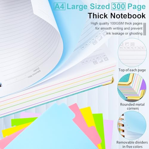 Hardcover Spiral Notebook 8.5"x11" Journal Notebook with Tabs and Removable Dividers 300 Pages 5 Subject Notebook College Ruled, Faux Leather Spiral Bound Notebook for Women School Work(Blue) - color: Blue, size: 8.5"x11"(A4)
