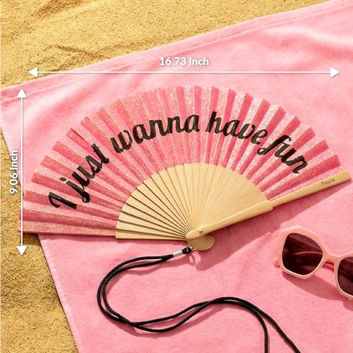 Fisura – Original folding fan with “Have Fun” message. Modern and colorful wooden folding fan. Pink glitter folding fan. Includes strap. Fun gift idea. 16.7 x 9 in. - color: Have Fun, Pink