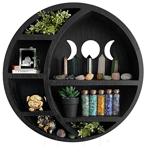 Wooden Crescent Moon Shelf for Crystals - Witchy Wall Shelf, Gothic Decor - color: Full Black