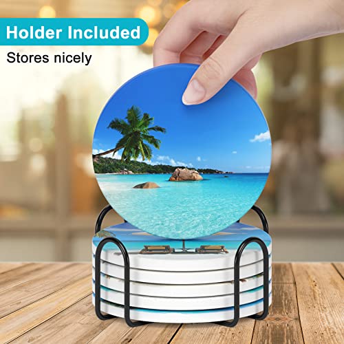 Coasters for Drinks, Set of 6 Cute Absorbent Ceramic Drink Coasters - color: Happy Beach