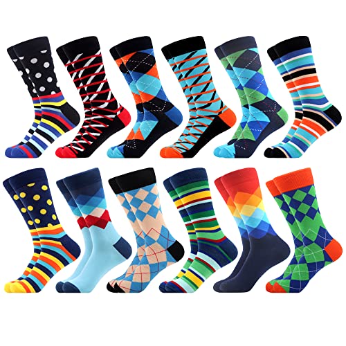 WeciBor Men's Combed Cotton Novelty Crew Socks Size 7-15 - color: Blue/Black/Orange/Green/Multicolor Geometric-12m, size: 13-15