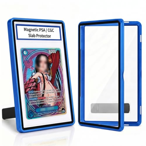 Magnetic PSA/CGC Slab Protector with Foldable Kickstand - UV Protection Tempered Glass & Aluminum Metal Bumper for 35PT PSA CGC CSG AGS, 9-Point Secure Lock Display Guard & Clear View (Dark Blue) - color: Dark Blue, size: PSA Card Case