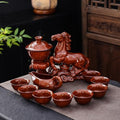 Chinese Gongfu Tea Set - Ceramic Teapot with Infuser, 8 Cups, Semi Automatic Horse Design for Loose Leaf Tea - color: Red Horse - A