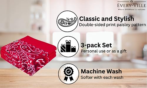 Every-ville Cotton Bandana Handkerchief for Men & Women, 3 Pack - color: Red