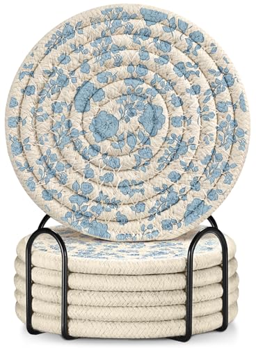 Absorbent Cup Coasters Set of 6 with Holder, Blue Floral - color: Blue Floral