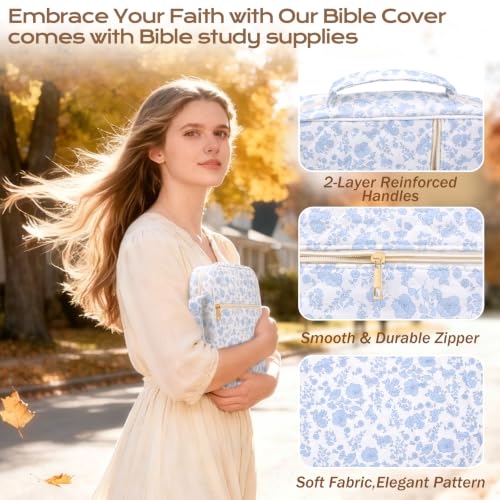 XKDOUS Bible Cover for Women Bible Bag Kit Church Book Holder Carrying Case - color: Blue