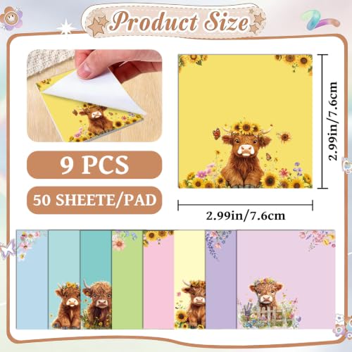 Highland Cow Gift Sticky Notes - 9 PCS Cute Animal Notepads Aesthetic Sunflower Self-Stick Note Coloful to Do List Memo Pads School Office Stationery Supplies for Women Cow Lover Students - style: Highland Cow Colorful
