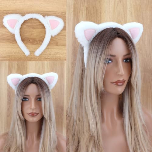 Fuzzy White Cat Ears Headband Pink Kitty Ears Cat Costume Headwear - color: White Pink Cat
