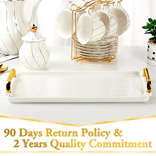 DUJUST Porcelain Serving Tray with Golden Handles, Modern Nordic Style Coffee Table Tray, Beautiful Tea Tray Decor for Living Room, Easy to Use & Clean - color: Golden Handles