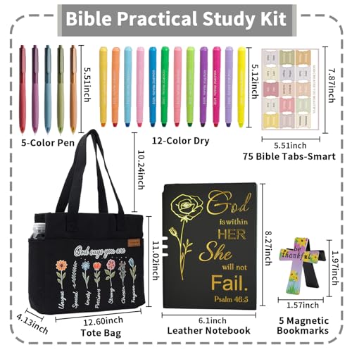 25 PCS Bible Study Supplies Kit, Large Capacity Canvas Tote Bag for Women Organizer, Bible Highlighters and Quick Dry Pens No Bleed Through, Notebook Bible Tabs Cross Bookmark Journaling Accessories - color: Black