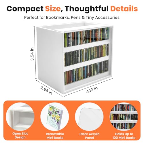 White Anxiety Bookshelf with 100 Mini Books, Shaking Miniature Library for Stress Relief, Bookmark Holder & Pencil Organizer, Tiny Book Shelf Ornament, Gifts for Book Lovers Decor - color: White