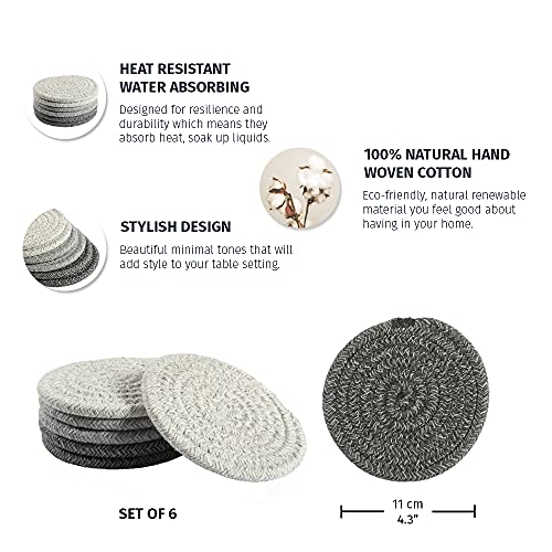 OrganiHaus Drink Coasters Set of 6, Absorbent Cotton Woven Cup Coasters, Rustic Farmhouse Boho Decor for Coffee Table and Drinks Protection, Cute Coaster for Drinks, Coaster for Office Desk - Gray - color: Mixed Gray