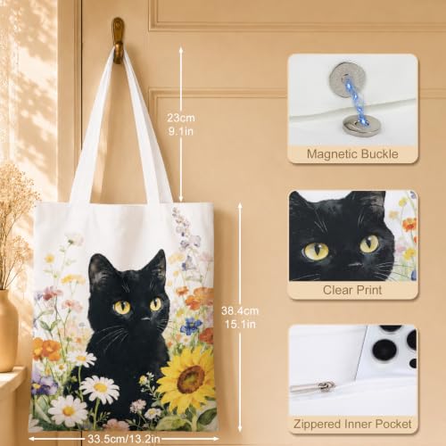 Canvas Tote Bag,Aesthetic Tote Bag,Cute Totebag with Buckle & Pocket,Reusable Canvas Bags,Cat Dogs Gifts for Grocery - color: Big Cat