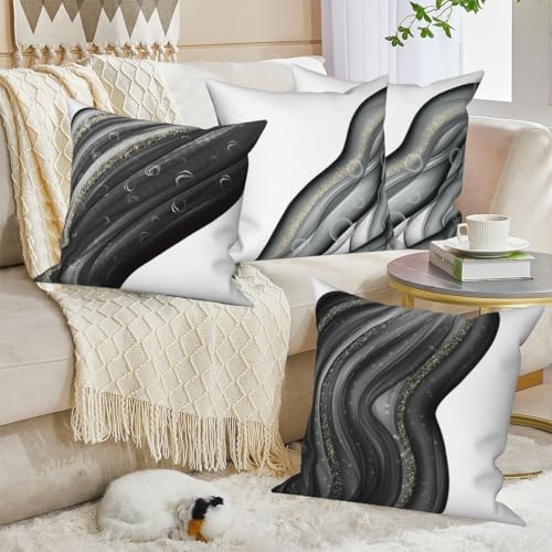 Abstract Fluid Throw Pillow Cover Black Ocean Wave Ink Gold Sequin Halo Minimalist Art Modern Aesthetic Linen Square Cushion Covers for Outdoor Couch Sofa Bedroom Home 16x16 Inch Set of 4 - color: Black 2, size: 16" x 16" (Pack of 4)
