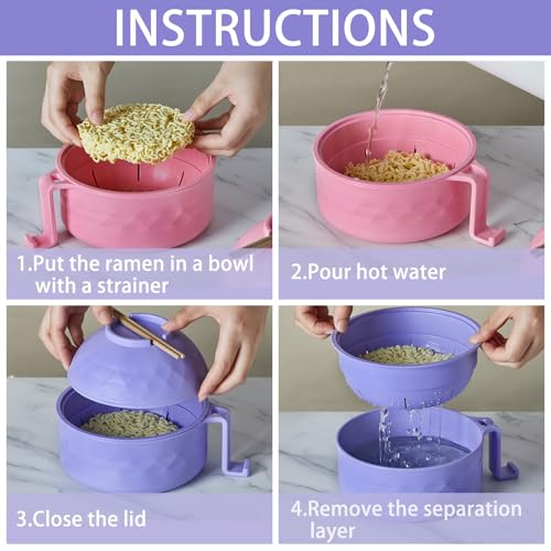 2 Sets 40 oz Microwave Ramen Bowl with Handles, Pink, Purple - color: Pink, Purple