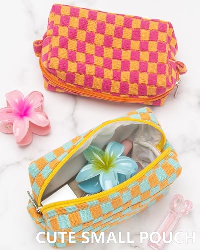 Checkered Makeup Bag for Purse, Small Travel Cosmetic Pouch,Orange Green - color: Orange Green