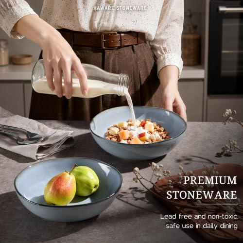 HaWare Cereal Bowls, 26oz Stoneware Serving Bowls Set of 4, for Salad Pasta - color: Reactive Foggy Blue