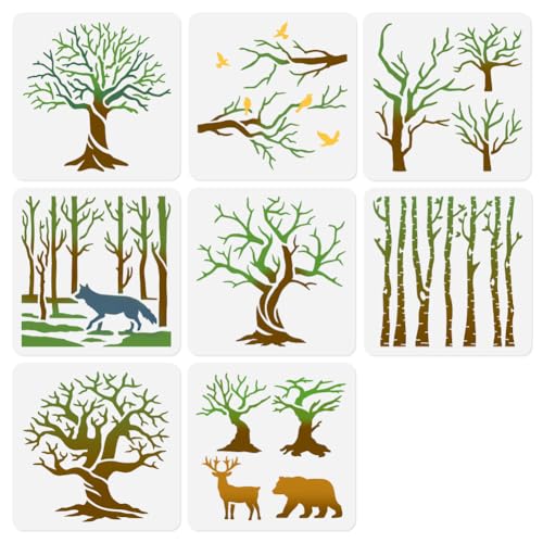 8 Pack Reversed Branches Wall Stencil Templates, 7.8 x 7.8 Inch Plastic Reusable Tree Trunk Art Stencils, Tree Stencils for Painting on Wood Wall Floor Fabric Furniture - style: Reversed Branches