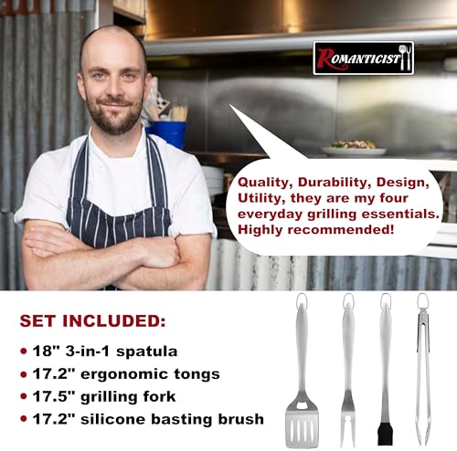 ROMANTICIST 4pc Heavy Duty Grill Accessories for Top Chef - Professional Grill Tools Set & Basic BBQ Tools for Backyard Restaurant Outdoor Kitchen - Deluxe Grill Gift for Dad on Father’s Day Christmas - color: Gray