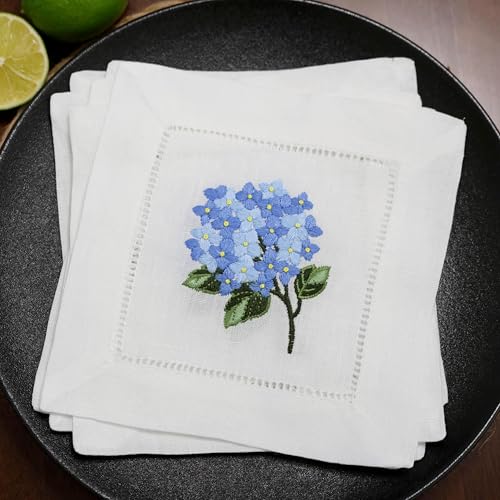 Linen Cocktail Napkins White Set of 6 Hand Embroidered Hydrangea 6"x6" Reusable Mini Cloth Hemstitched Coasters for Birthday Wedding Garden Party Present Blue