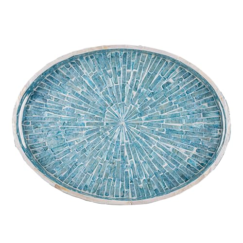PEMAR 15.7" x 11.8" Oval Capiz Shell Serving Tray, Decorative Ottoman Tray for Living Room, Coffee Table, Breakfast in Bed, Candle Display (Teal Sunlight) - color: Teal Sunlight
