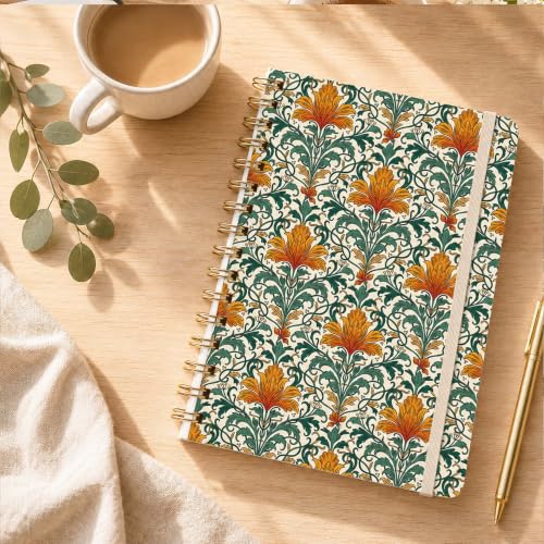 Vintage Floral Lined Spiral Notebook, Pretty Hardcover Journal 6'' x 8.4'', Orange Green Notebook for Women, Work, Writing Gift - color: floral-05