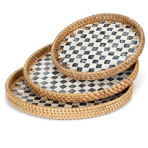 3 Pack Round Rattan Tray with Mother of Pearl Inlay Rattan Serving Tray for Coffee Bread Fruits Decorative Wicker Serving Platter for Table Home Kitchen Decor Black Checkerboard Style, 3 Size - color: Black Checkerboard, size: 3 Size