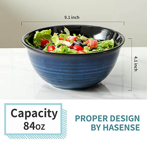 HASENSE Ceramic Serving Bowls, 9 Inch Large Salad Bowls for Kitchen, 84 Ounce Mixing Bowl Set of 2, Ideal for Soup Pho Pasta Popcorn, Dishwasher & Microwave Safe(Blue) - color: Blue, size: 84 Ounce